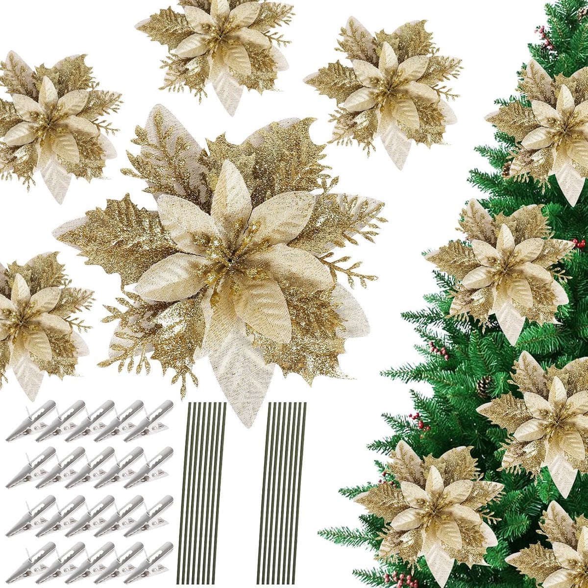 12x Glitter Kerstbloemen met Clip - Goudkleurige Kunstbloemen voor Kerstboom Decoratie en Slingers
