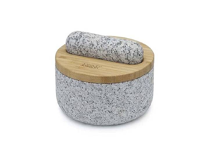 Joseph Joseph Dash Pilon et Mortier Cusine en Pierre\, Granit naturel avec couvercle en bambou\, outil de broyage pour moudre les épices\, poudre de pesto\, herbes