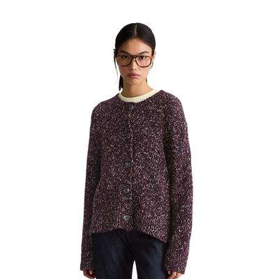 Cardigan MARC O'POLO DENIM "relaxed aus Baumwoll-Schurwolle-Mix", Damen, Gr. M, lila (mahagony jam), Tweed;Strick, Obermaterial: 62% Baumwolle, 36% Schurwolle, 2% Polyamid, relaxed fit normal, Rundhals, Rippbündchen, Strickjacken, aus Tweed, mit...