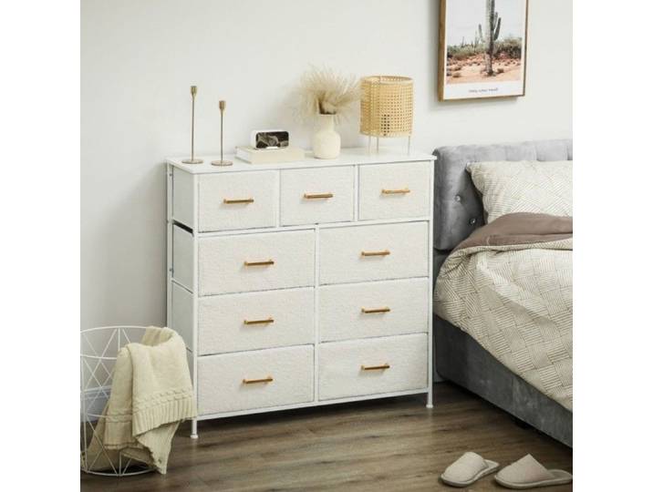Commode buffet 9 tiroirs tissu meuble rangement plan de travail poignées salon & chambre blanc crème 100x30x99cm