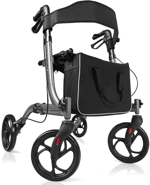 2 in 1 Rollstuhl Rollator, faltbar & leicht Reiserollator Aluminium höhenverstellbar, Gehhilfe mit abnehmbarem Aufbewahrungsbeutel, Laufhilfe für Senioren und Erwachsene (Grau)