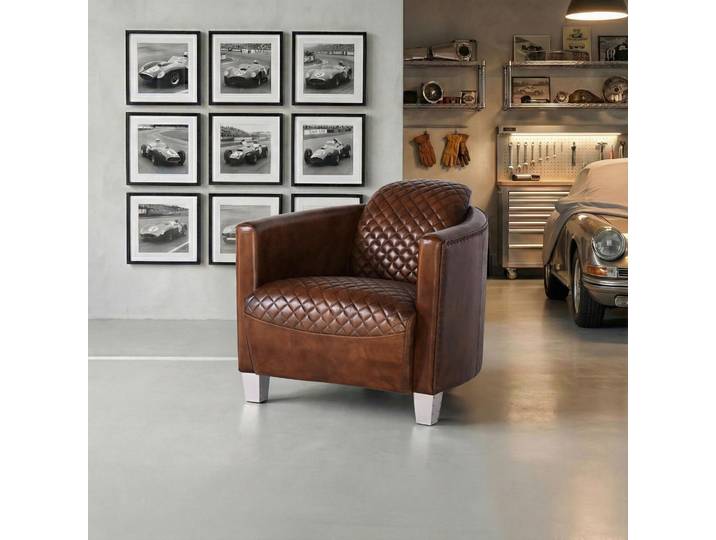Fauteuil club anglais en cuir marron véritable style industriel - Oscar