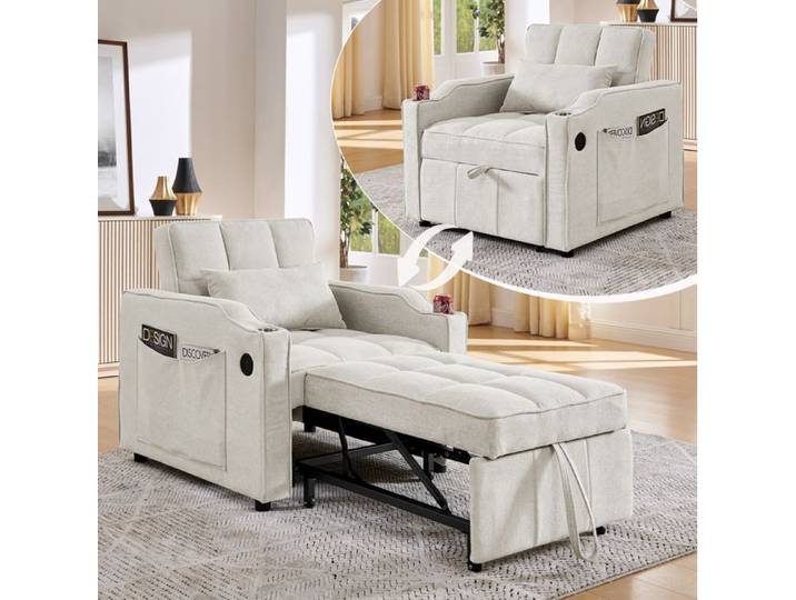 WOVREO Fauteuil convertible 3-en-1 1 place 190 cm USB et USB-C dossier 3 positions beige