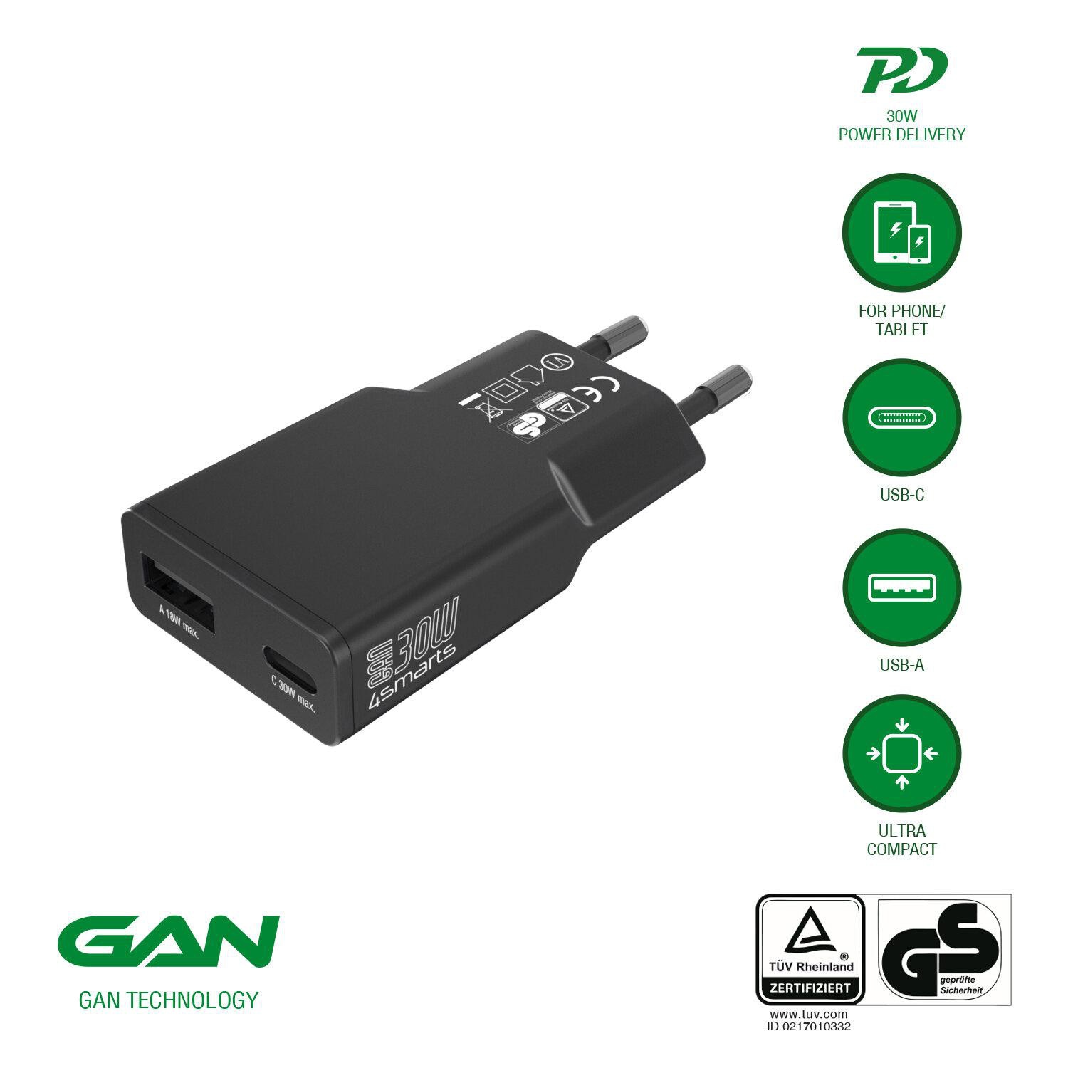 4smarts Netzladegerät PDPlug Slim Duos 30W GaN 1C+1A, schwarz 541744