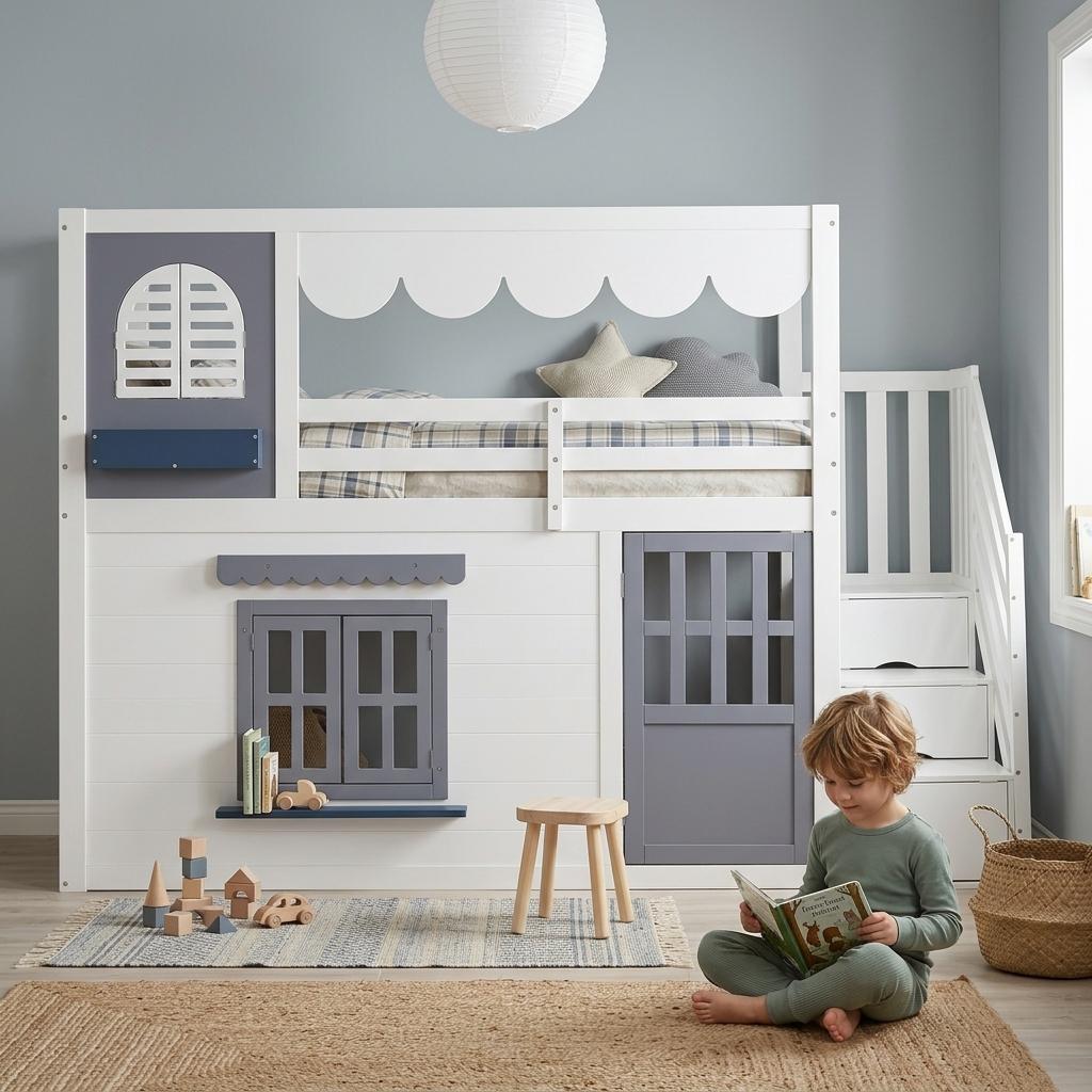 Hochbett 90x200 cm mit Stauraumtreppe und Fallschutz, weißes Hausbett als Kinderbett mit öffnender Tür und Fenstern sowie wellenförmiger Dachkante