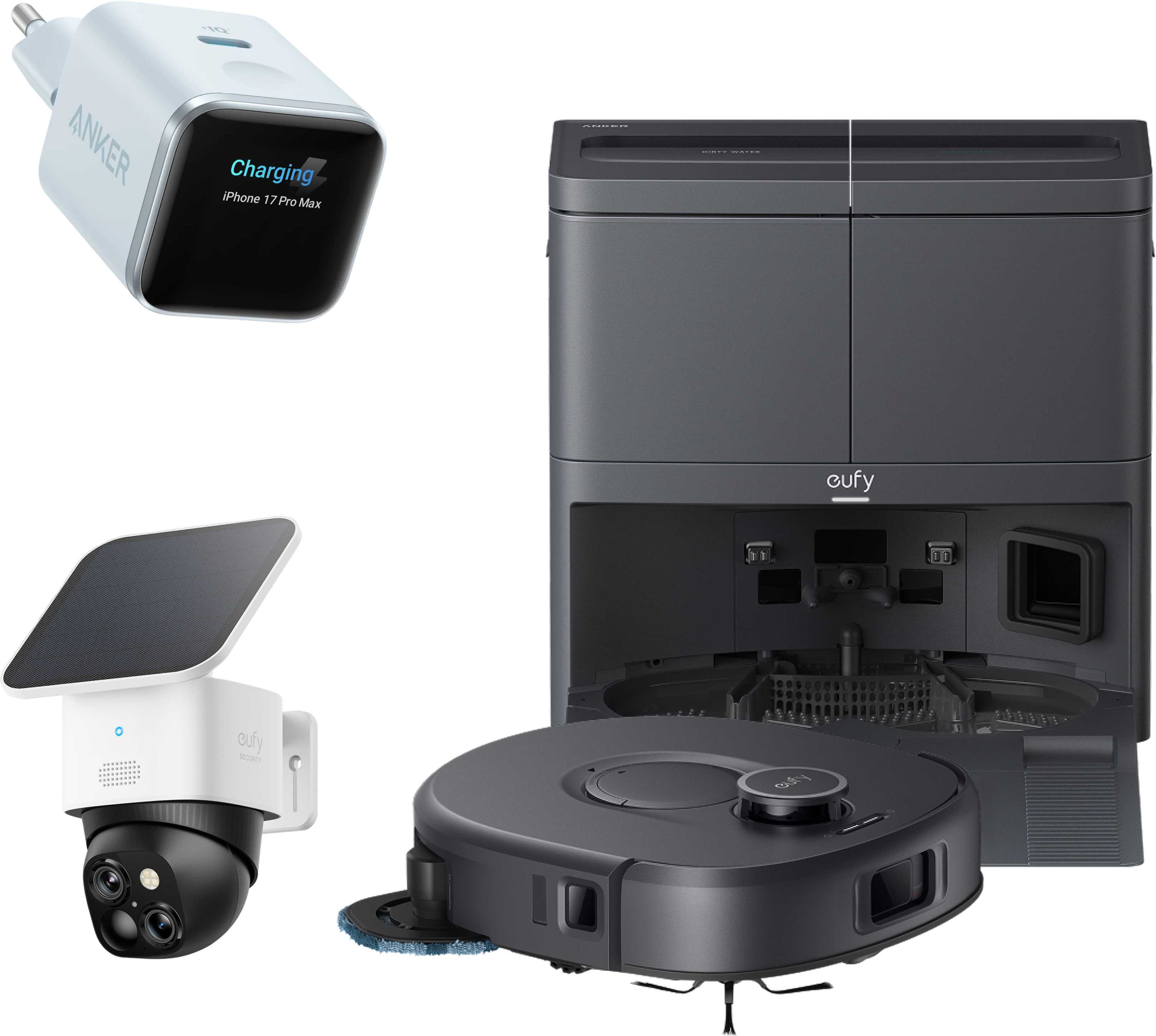 ANKER eufy Saug- und Wischroboter C30 Edge und Anker Nano Ladegerät und eufyCam Solo S340