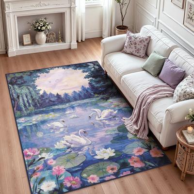 Bluebell Impressionist Oil Painting Area Rug, Soft Cashmere Swan Lake Floor Rug