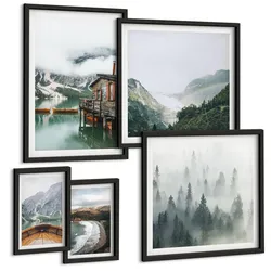 BILDER SET 5er Set - 50x50 cm & 20x30 cm & 40x60 cm Schwarzer Rahmen - Berge, See, Boot, Nebel, Strand