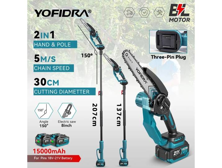 Scie à chaîne électrique télescopique sans balais YOFIDRA 8 pouces, outil de taille pour branches hautes, outil de jardinage, compatible avec batterie Makita 21V.