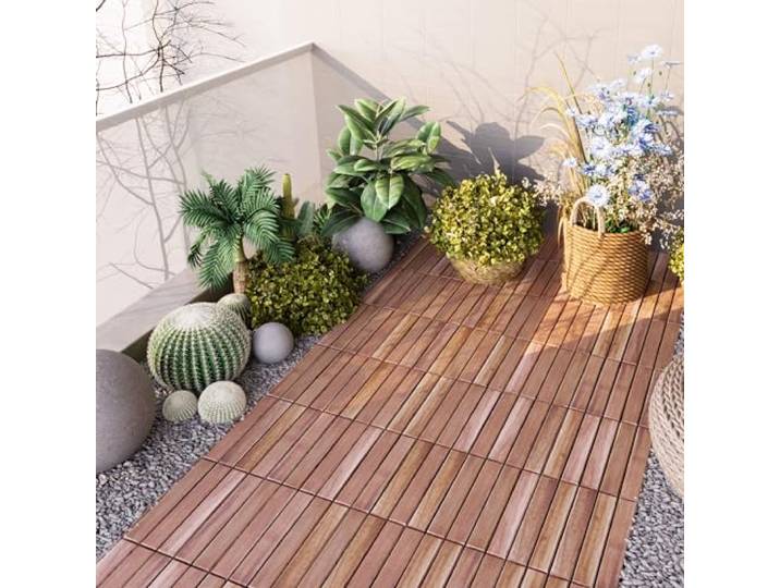casa.pro Terrassenfliesen Alliste 10er Set Holzfliesen für Balkon 6 Lamellen 0,9 m² Outdoor Bodenbelag für Garten Klickfliesen wetterfest Bodenplatten Naturfarben