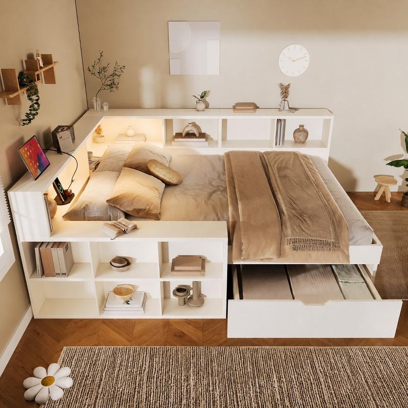 Stauraumbett 140x200cm in Weiß, aus Spanplatte, MDF und Sperrholz, mit zwei Leseleuchten im modernen Design für das Schlafzimmer