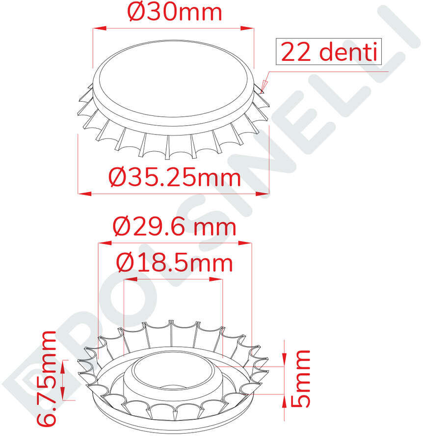 Polsinelli Bouchon couronne rouge avec capuchon intérieur ⌀29 (200 pcs)