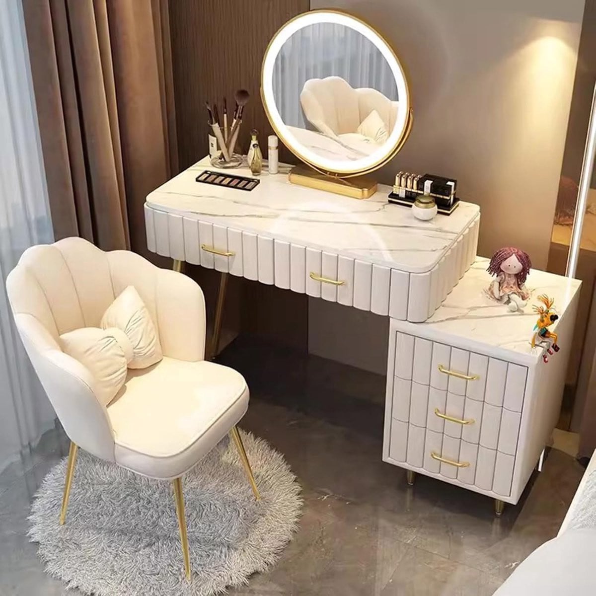Multifunctionele Kaptafel met Spiegel, LED-verlichting en 5 Lades