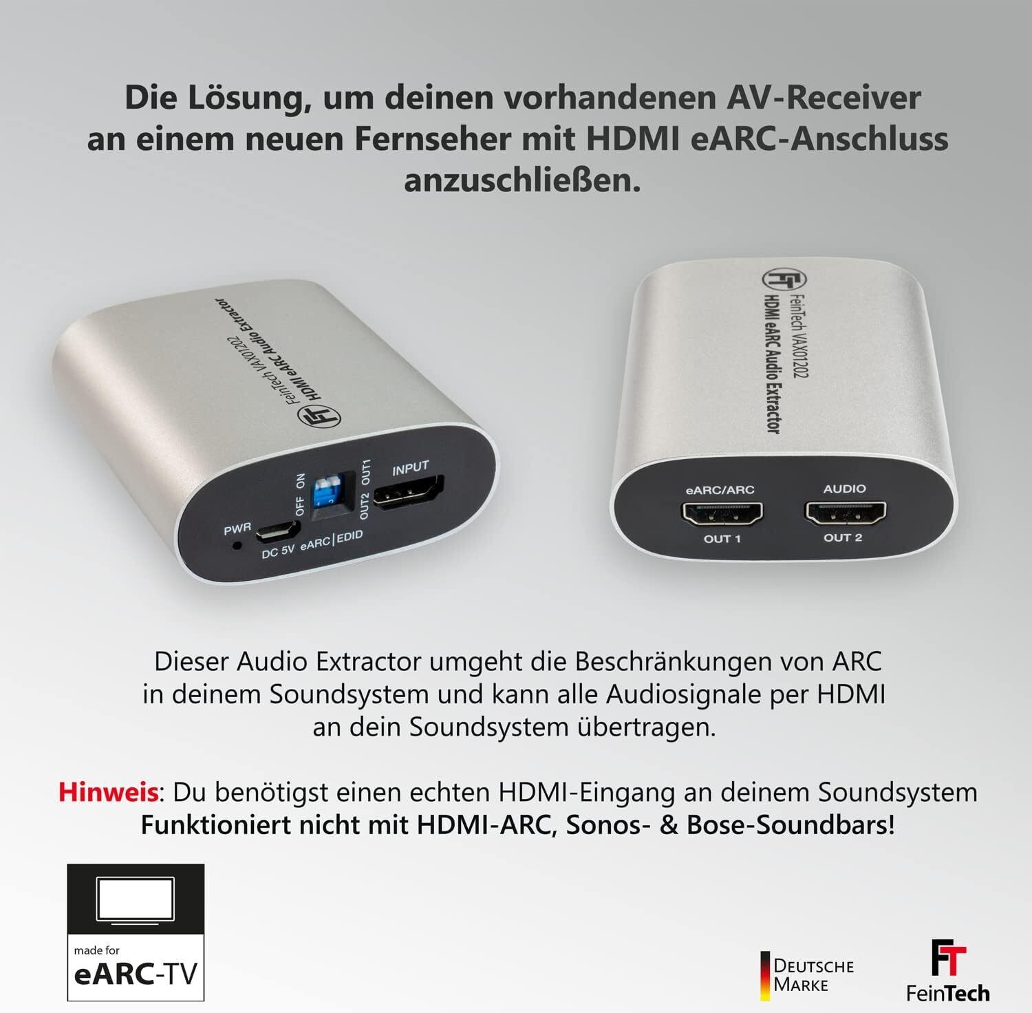Fellowes FeinTech VAX01202 HDMI eARC audio-extractor en HDMI audio-splitter 1x2 voor Dolby Atmos, TrueHD en DTS-HD