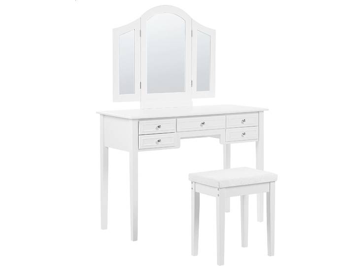 BELIANI Schminktisch Weiß 144 x 45 x 95 cm Hocker 3-teiliger Klappspiegel 5 Schubladen Schlafzimmer Wohnzimmer Aufbewahrung Kosmetika