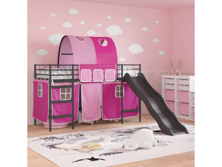 KTHLBRH Bett Loft Kinder Schwarz Rosa 90 x 190 cm Bogendesign, Vorhänge inklusive, Metallrahmen, Spielplatz unter dem Bett