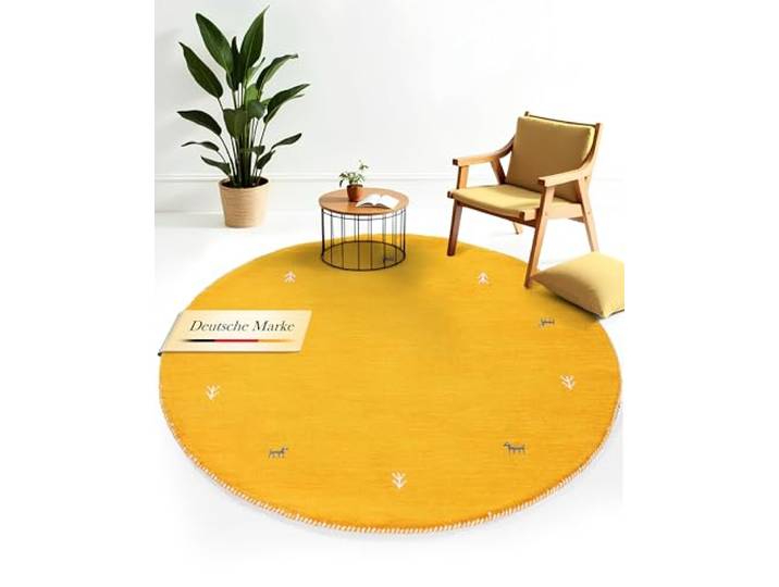 carpetfine Wollteppich Gabbeh Uni Rund Gelb Ø 250 Moderner Teppich für Wohn- und Schlafzimmer