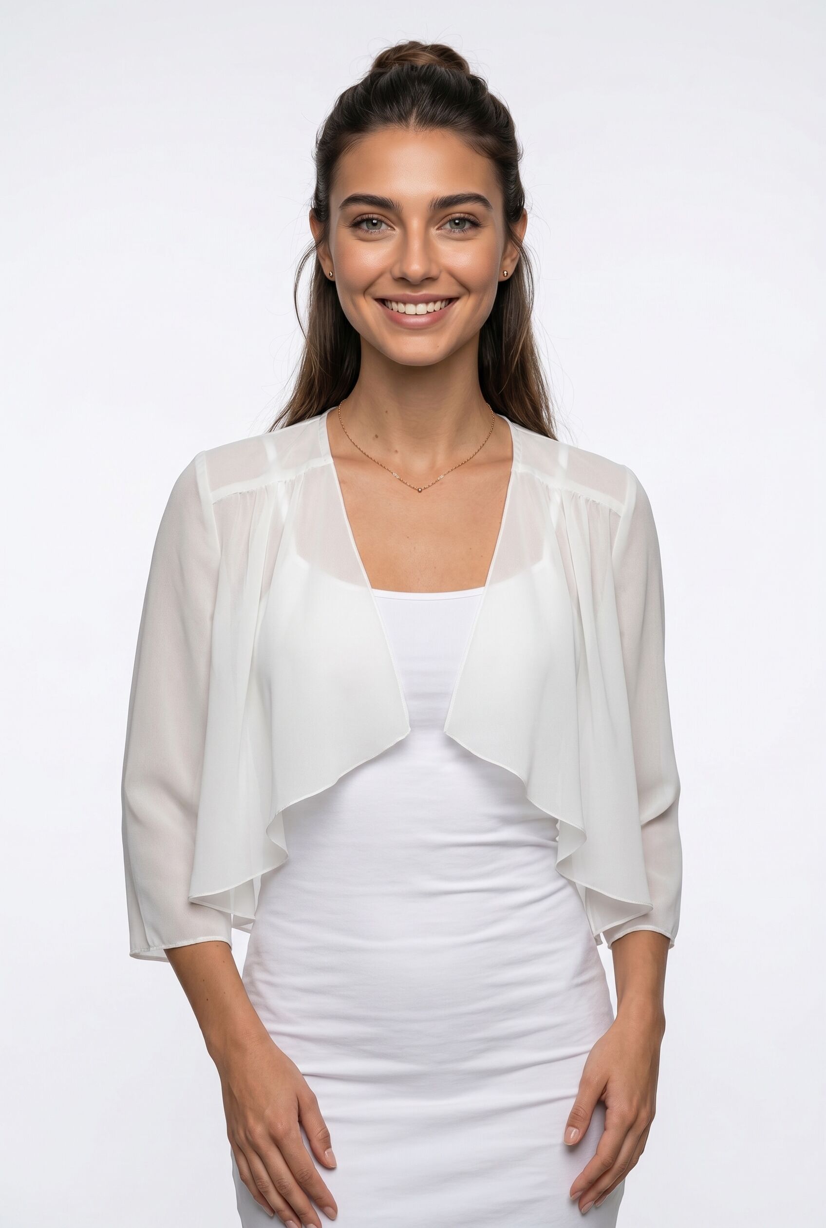 Boleroblazer BONPRIX, Damen, Gr. 46, wollweiß, Chiffon, Obermaterial: 100% Polyester, leicht transparent, unifarben, figurumspielend taillenlang, Blazer Boleroblazer, für festliche Anlässe und Hochzeiten, 3/4-Ärmel, Wasserfallkragen wollweiß 46