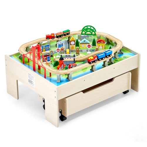 VEVOR Houten Activiteitentafel met 100-delige Treinset, Meerkleurig Creatief Speelgoed voor Kinderen