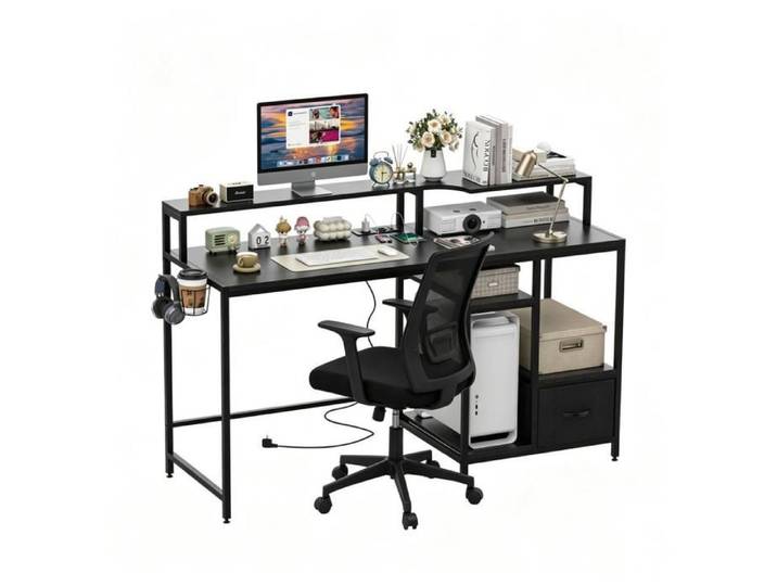 Rcynview Bureau ordinateur avec support écran Avec Prises AC USB Rangement tiroir pour télétravail gaming maison 141x49x91cm