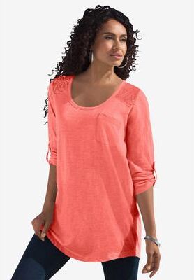 Plus Size Women's Textured Lace Trimmed Tunic by Roaman's in Sunset Coral (Size 2X)