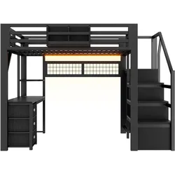 MODFU Hochbett Metall/MDF Schwarz 255x145x170 cm, 140x200 cm Liegefläche, mit Schreibtisch, Kleiderschrank und LED