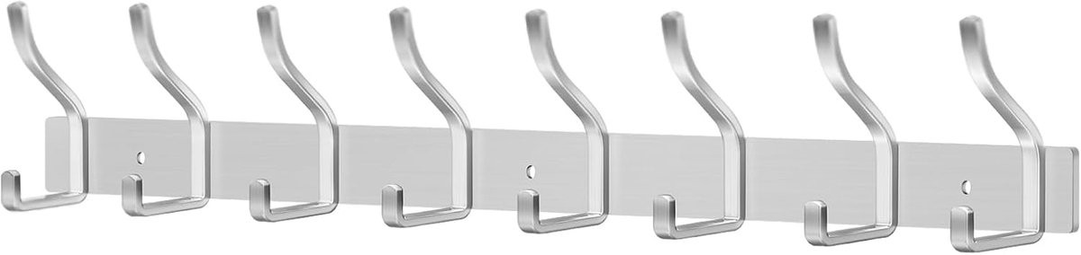 SnelShoppen Wandgarderobe met 8 Haken, RVS Wandkapstok voor Hal, Kinderkamer en Badkamer, Zilver