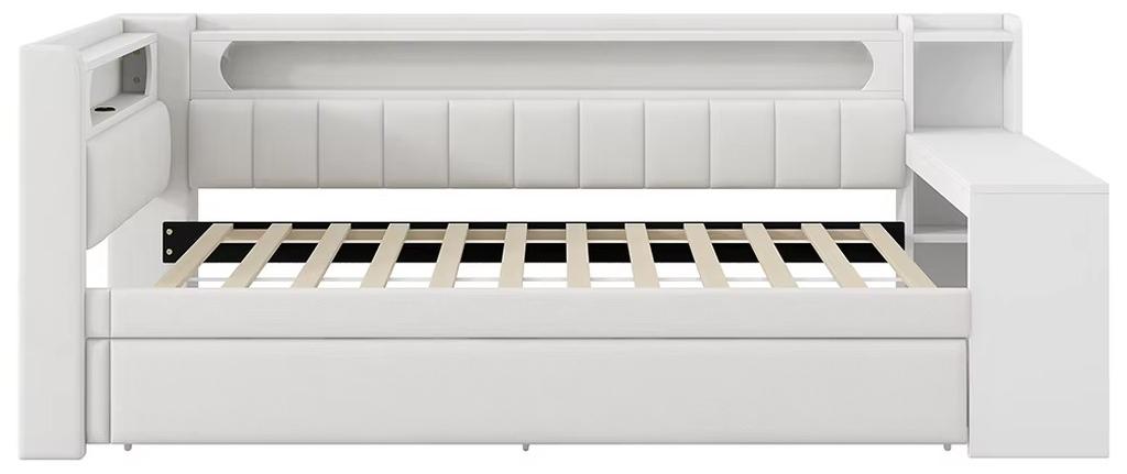 Gepolstertes Tagesbett - Schlafsofa - 90 x 200 cm - Ausziehbett - USB-Anschlüsse - LED-Beleuchtung - Schreibtisch - Weiß