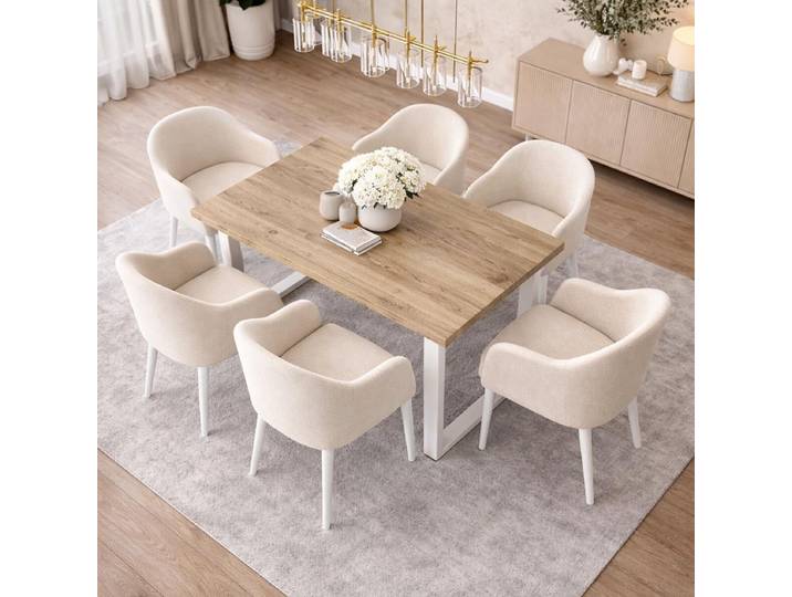 Küchentisch 140x90cm Wildeiche White Washed mit weißem U-Gestell - gerade Kante