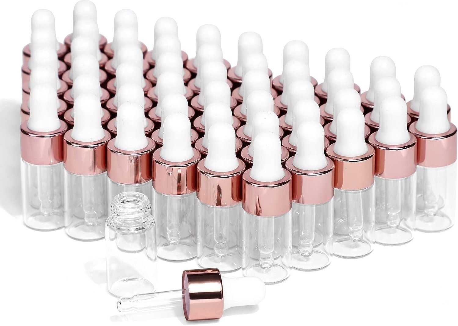Homevero Mini glazen druppelflessen met roségouden dop, 50 stuks, doorzichtig