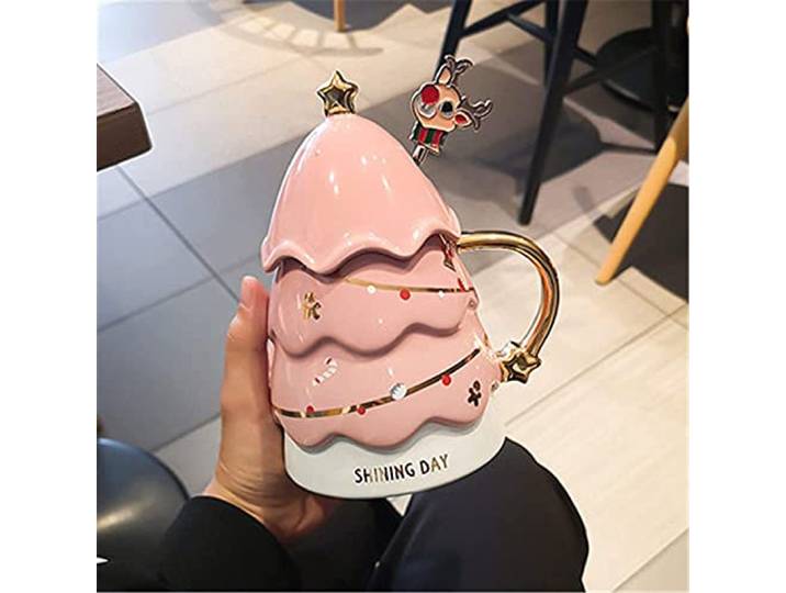KFGISD, Weihnachtsbaumbecher mit Deckel und Löffel, Milchkaffeetasse,Weihnachtsdekoration