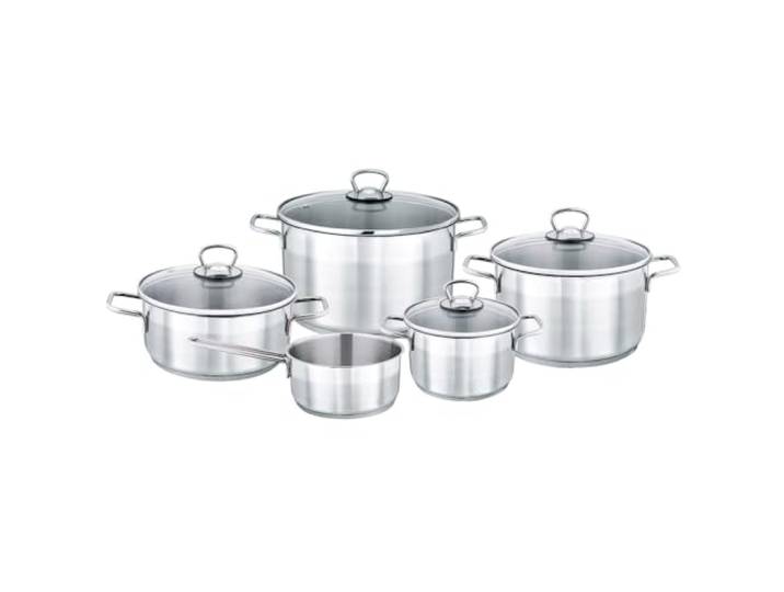 Baumalu - Kochgeschirrset Edelstahl 9-teilig - Alle Herdarten Induktion 9 Teile, 18/10 Qualität, Glasdeckel mit Dampfauslass, alle Herdarten inkl. Induktion, spülmaschinenfest, ergonomische Griffe