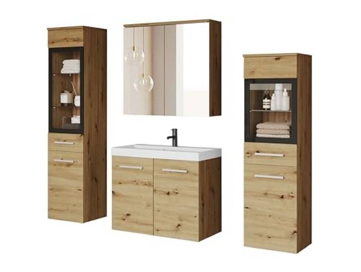 MINIO go for it - Badmöbel 4-Teilig Set Marit 2 Wandspiegelschrank ohne LED Schrank mit Waschbecken, Farbe: Artisan Eiche