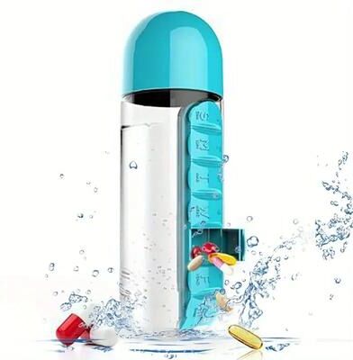 Uplift Treasures 2 In 1 Portable Water Bottle With 7 Day Pill Organizer blue 600ml