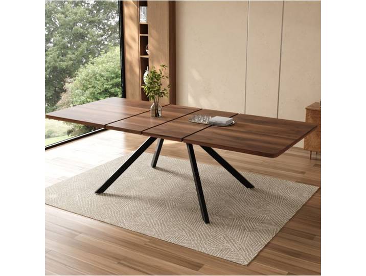 Table Extensible 6 à 10 Personnes Rectangulaire avec 3 Longueurs Pieds en Métal Noir MDF Noyer - UVRION