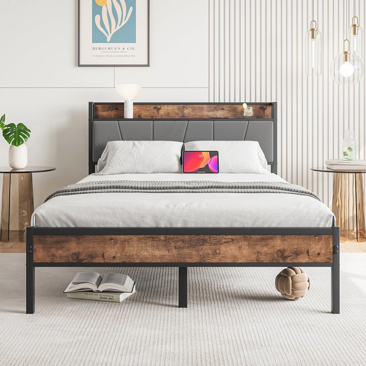 Gestoffeerd metalen bedframe met opberg hoofdbord en nachtkastje, 120 x 200 cm