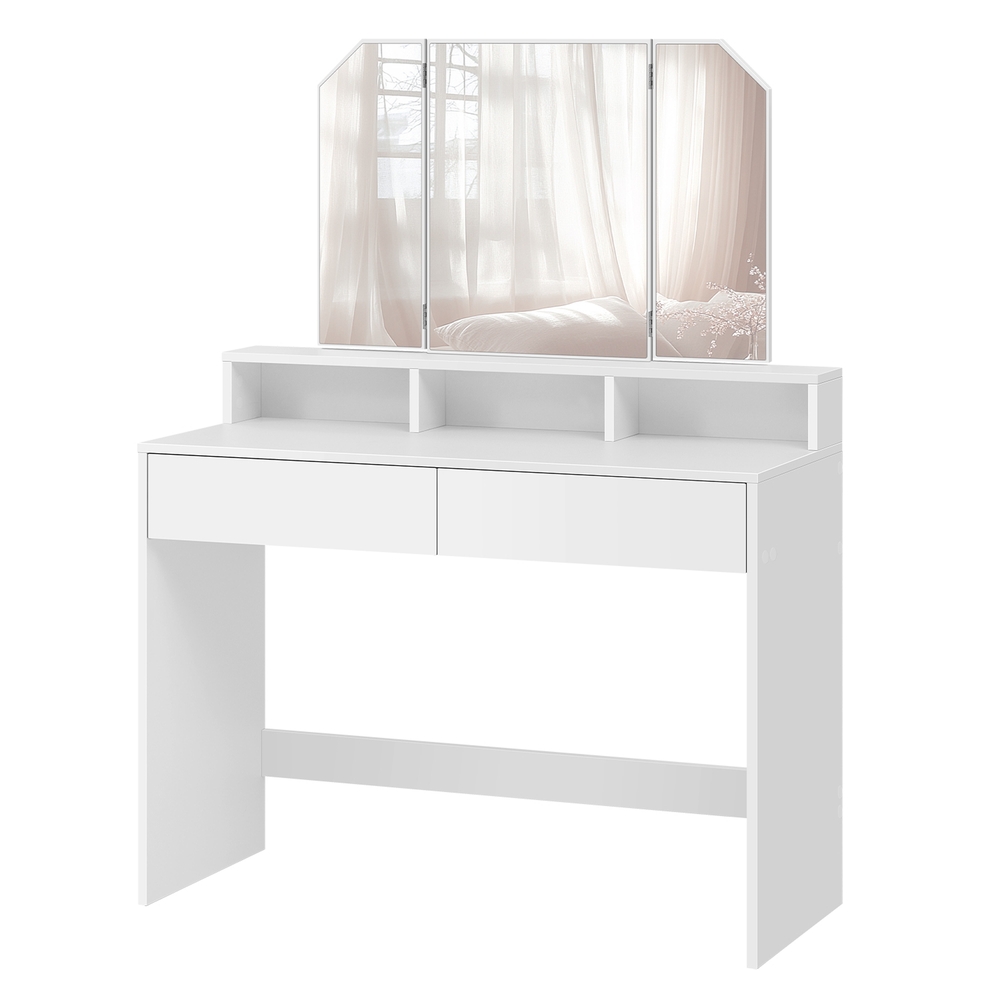 VASAGLE Schminktisch mit Klappspiegel und 2 Schubladen, Frisiertisch, Kosmetiktisch mit 3 offenen Fächern RDTB35115W01