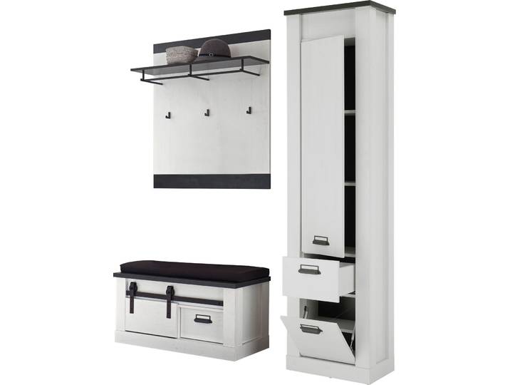 Garderoben-Set HOME AFFAIRE Sherwood, Garderobe im Industrial-Style, Komplettset mit viel Stauraum , weiss (pinie weiß dekor), B:164cm H:201cm T:43cm, Kastenmöbel-Sets, Garderoben-Set, enthält Schrank, Garderobenpaneel, Garderobenbank +Sitzkissen