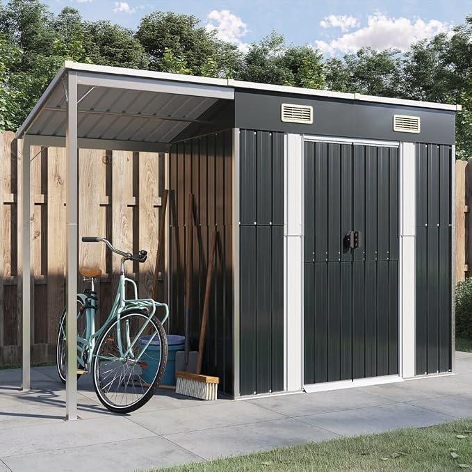 Gartenhaus mit Schleppdach Gerätehaus Gartenschuppen Schuppen mit Stauraum Metallschuppen Geräteschuppen Gartenschrank Garten Schuppen Anthrazit 277x110,5x181 cm Stahl