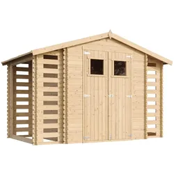 HOLZHAUS GARTENHAUS mit Brennholzschuppen M391+M391G - mit imprägniertem Boden- 3,53 + 0,97 + 0,97 m2