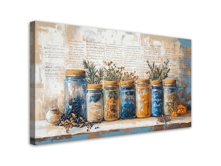 Feeby Leinwandbild Kräuter Gewürze Retro Küche 100x50cm, Beige, Essen/Getränk, Rechteckig, 100x50 cm, Bilder & Rahmen, Bilder, Leinwandbilder