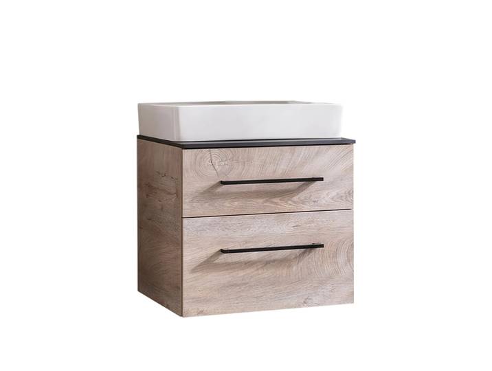 FACKELMANN OXFORD Waschbecken mit Unterschrank 60 cm breit, Braun hell, Aufsatzwaschbecken Keramik Weiß + Waschtischplatte