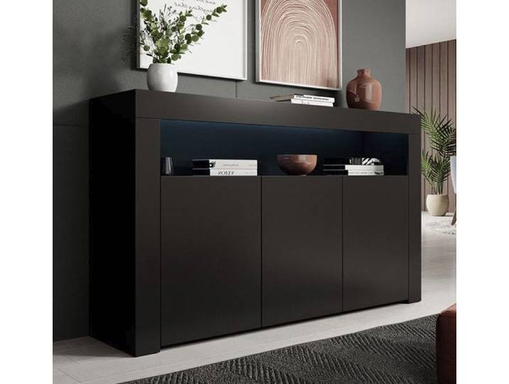 Buffet bas - DESIGN AMEUBLEMENT - Aker - 3 portes soft-close - Noir Mat - Éclairage LED intégré