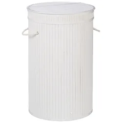 Relaxdays Wäschekorb Bambus, runder Wäschesammler mit Klappdeckel, 65 l, faltbare Wäschetonne, groß, rund Ø 40 cm, weiß
