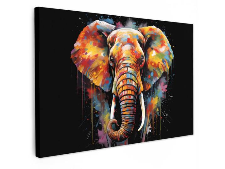 MuchoWow Leinwandbild - Elefant - Graffiti - Schwarz - Tiere - Farben - 90x60 - Deko Wohnzimmer, Textil, Kiefer, Abstrakt, Rechteckig, 90x60 cm, gerahmt, Bilder & Rahmen, Bilder, Wandbilder
