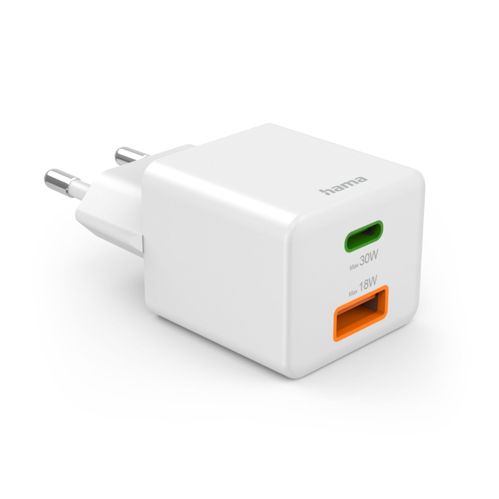 Hama Mini-Schnellladegrät PD 30W 1xUSB-C/1xUSB-A weiß 201992