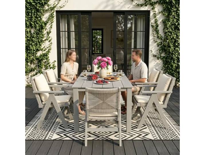 MARIELYST 5-teilige Garten Essgruppe, Gartentisch mit HIPS-Rahmen + 4 Armlehnenstühle mit geflochtenem Rattanbezug, Outdoor Esstisch Set für Terrasse, Balkon & Garten (Light Grey+Light Grey)
