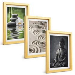 BILDER SET 3er Set - 20x30 cm Goldrahmen - Entspannender Blick auf den Zen-Buddha