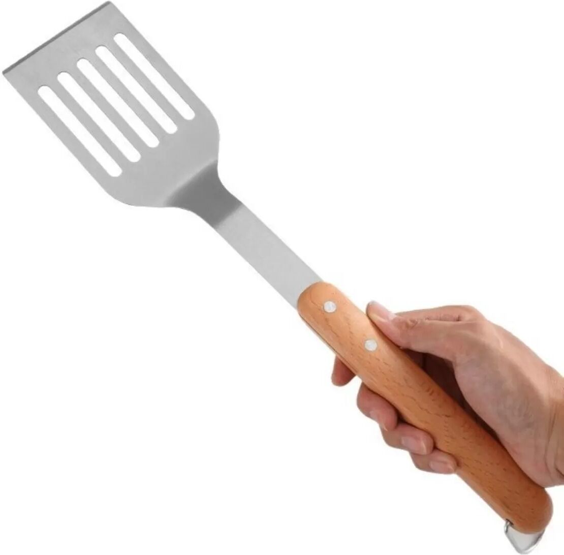 INF 3-teiliges Grillbesteck aus Edelstahl mit Buchenholzgriffen – Pfannenwender, Gabel und Zange, tragbares silbernes Grillset
