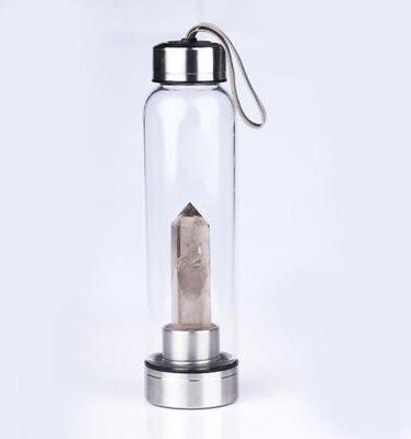 KitchenCuration Healing Natural Quartz Water Bottle Elegant Glass And Stainless Steel, Enhances Well Being, Hand Wash Only Smoky Quartz